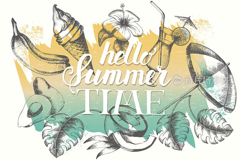 手工刻有“Hello Summer Time”。横幅,传单,海报